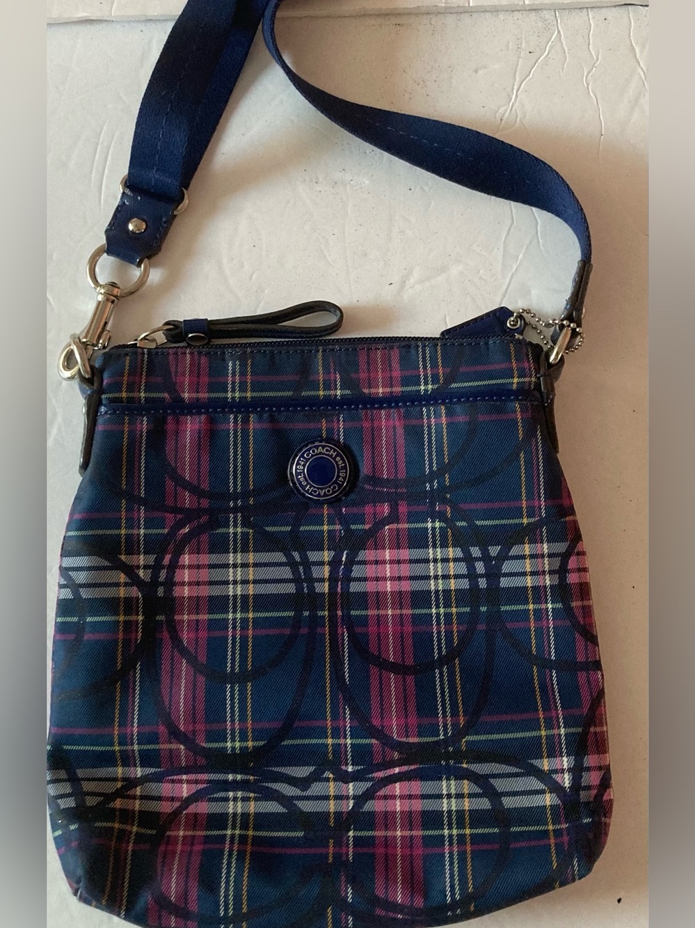 Coach Signature Poppy Navy and Pink Plaid Crossbody Purse